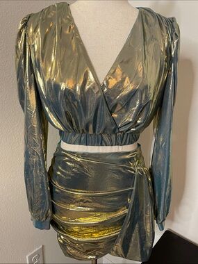 Rosevelvet Metallic Gold Iridescent Wrap Skirt Set with Blue Lining